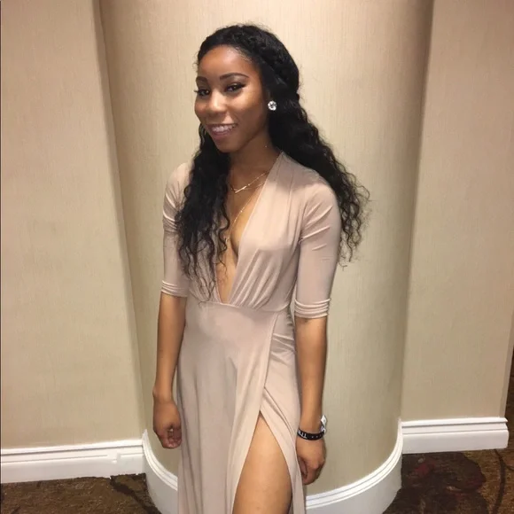 beige dress sexy Sexy Delicate Beading Beige Prom Dress Long Formal Dress with Slit